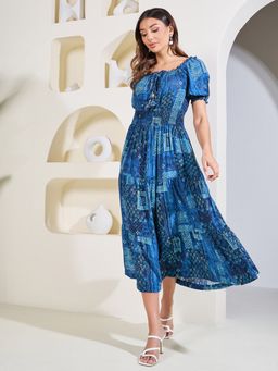 Styli - Women Blue Scarf Print Smocked Detail Tiered Midi Dress Viscose Rayon