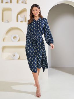 Styli - Women Navy Blue Aop Shirt Midi Dress With Waist Tie Up Viscose Rayon