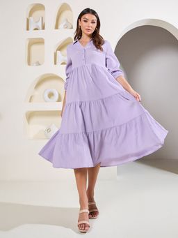 Styli - Women Lavender Textured Pleated Detail Collared Tiered Midi Dress