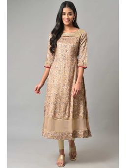 Aurelia - Beige Foil Printed A-line Liva Kurta