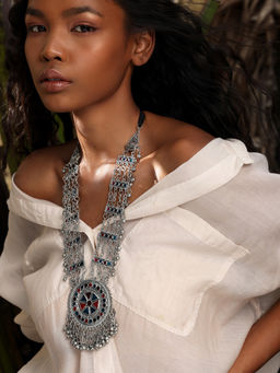 Indya - Oxidized Silver Tribal Ghungroo Necklace