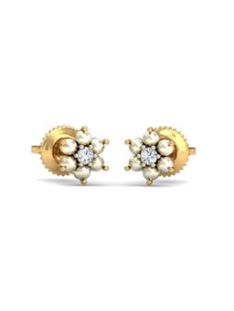 KuberBox - 18K Gold White Floret Diamond and Pearl Stud Earrings for Women-Girls