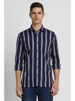 Peter England - Men Navy Slim Fit Stripe Full Sleeves Casual Shirt