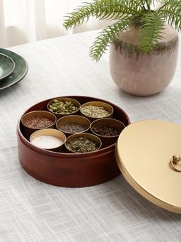 VarEesha - Handmade Round Wooden Spice Box with Golden Lid (Set of 9)