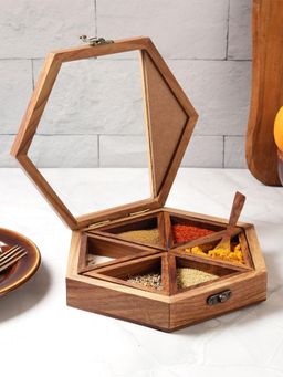 VarEesha - Hand Carved Gul Hexagonal Sheesham Wood Spice Box (Set of 8)