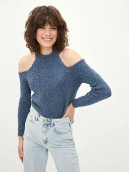 LC WAIKIKI - Dark Indigo Self Patterned Long Sleeve Knitwear Sweater