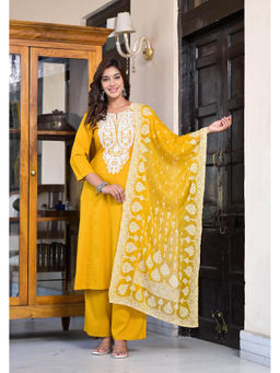 Juniper - Mustard Thread Embroidered Kurta with Palazzo and Dupatta (Set of 3)