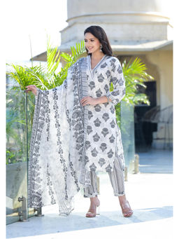 Juniper - Grey Floral Printed Cotton Kurta with Pant and Dupatta (Set of 3)