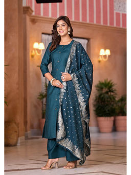 Juniper - Bottle Green Solid Cotton Kurta with Palazzo and Zari Dupatta (Set of 3)