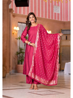 Juniper - Fuchsia Pink Solid Cotton Kurta with Palazzo and Zari Dupatta (Set of 3)
