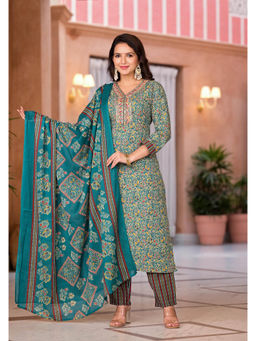 Juniper - Rama Green Cotton Ethnic Printed Kurta with Pant and Dupatta (Set of 3)