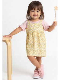 max - Girls Floral Print Pinafore Dress with Top - Yellow
