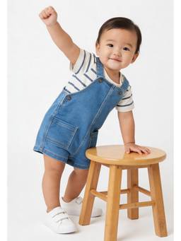 max - Boys Washed Dungaree with Striped T-shirt - Blue