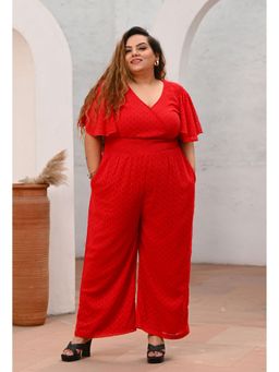 Desi Noor - Plus Size Red Smocked Jumpsuit