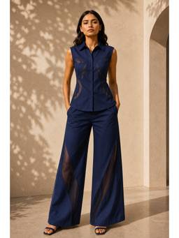 Future Cuts by Shreeya Singh - Navy Blue Cotton Blend Sleeveless Shirt Co-Ord Set