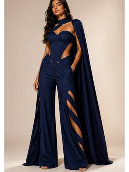 Future Cuts by Shreeya Singh - Navy Blue Premium Lycra Sleeveless Cape Co-Ord Set