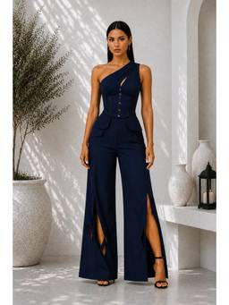 Future Cuts by Shreeya Singh - Midnight Blue Premium Lycra One-Shoulder Co-Ord Set