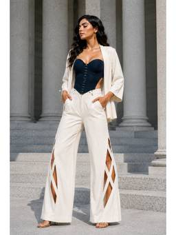 Future Cuts by Shreeya Singh - Ivory and Midnight Blue Lycra Three-Piece Co-Ord Set