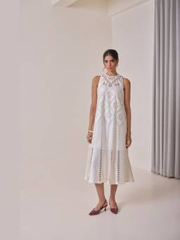 NeedleTen - Ivory Pearl Cut-Work Midi Dress
