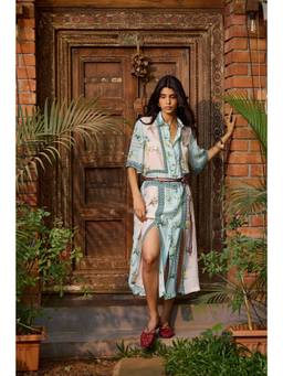 NeedleTen - Blue Ciel and Rose Floral Shirt Dress