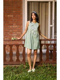 NeedleTen - Sage Green Embroidered Bow Shift