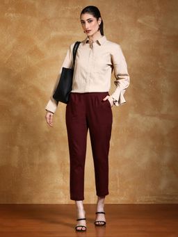 Jaipur Kurti - Burgundy Solid Cotton Slub Straight Pant
