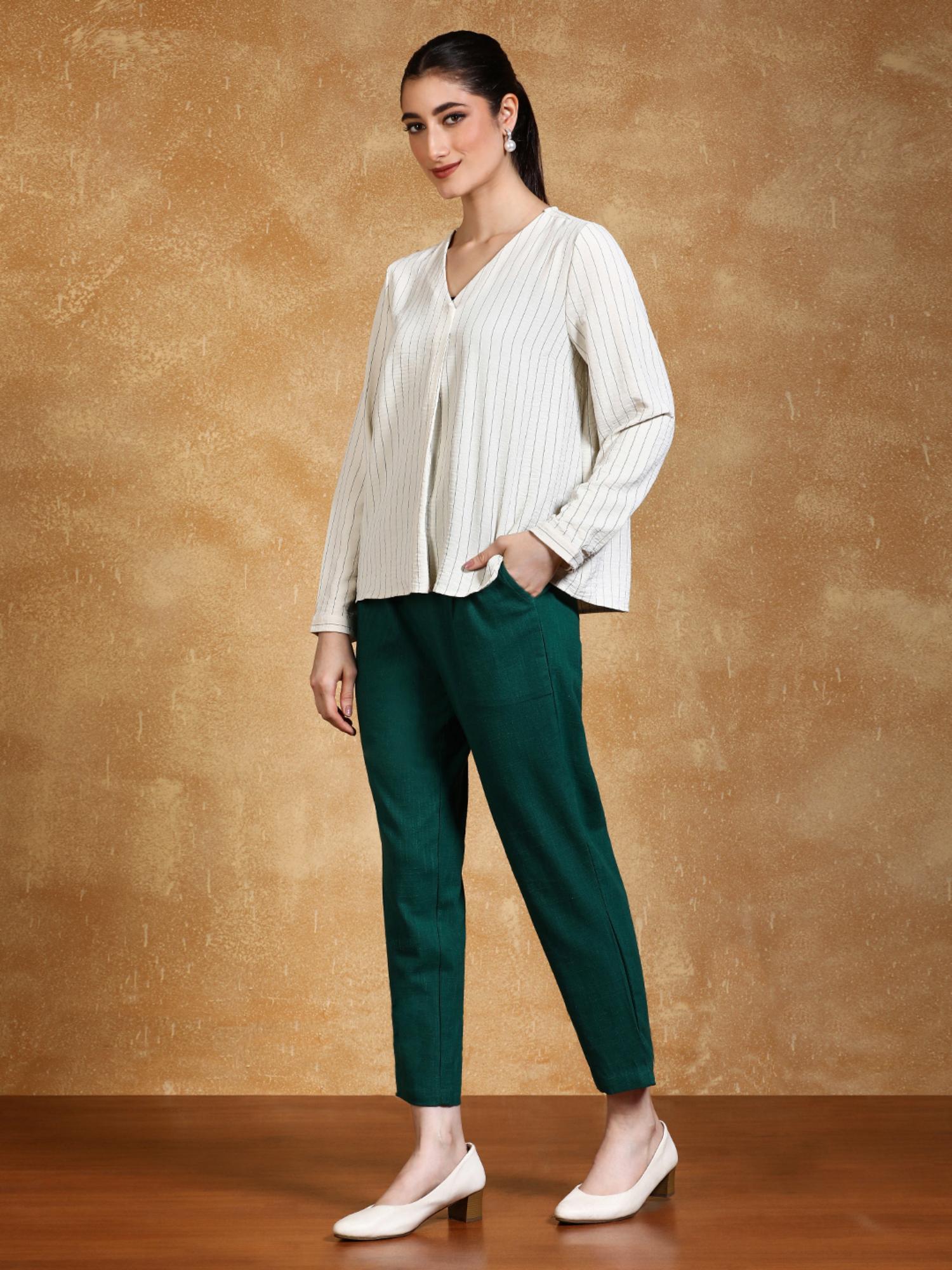 jaipur kurti Bottle Green Solid Cotton Slub Straight Pant-picture-10