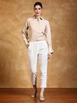 Jaipur Kurti - Off White Cotton Slub Bottom-Fold Straight Pant