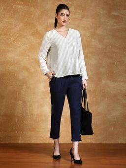 Jaipur Kurti - Navy Blue Cotton Slub Bottom-Fold Straight Pant