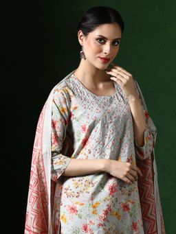 Jaipur Kurti - Floral Embroidered Straight Pure Cotton Kurta and Pant and Dupatta (Set of 3)