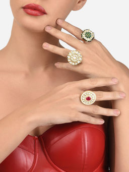 Zaveri Pearls - Set of 3 Gold Tone Traditional Kundan Adjustable Finger Rings-ZPFK12759