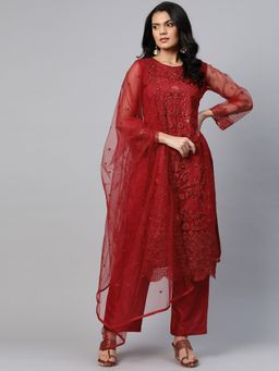 Readiprint - Net Red Unstitched Dress Material (Set of 3)