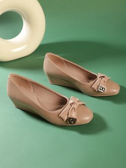 Truffle Collection - Beige Solid Wedge Ballerina Heels