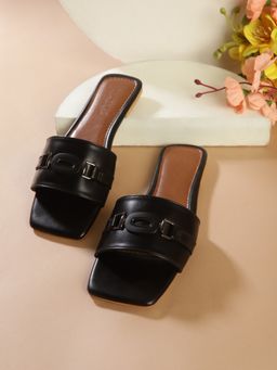 Truffle Collection - Black Solid Open Toe Flats