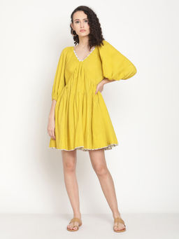 Abhishti - Spring Green Tiered Mini Dress With Ikat Details