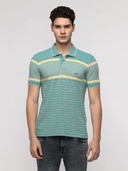 Crocodile - Engineered Striped Turquoise Slim Polo T-Shirt