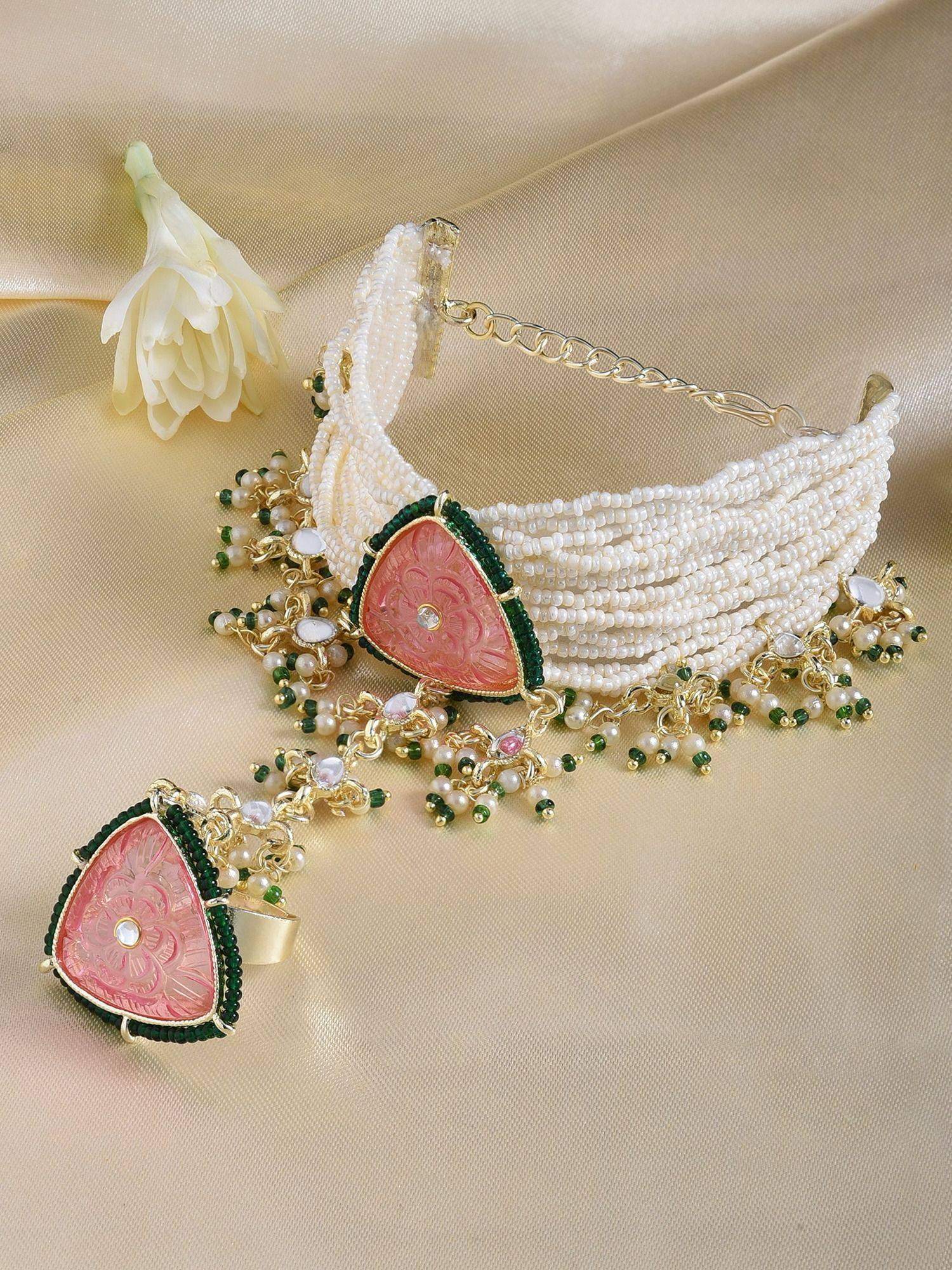 Buy Zaveri Pearls Pink & Green Multistrand Pearls Bridal Hand
