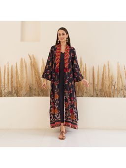 Rustorange - Black Spaghetti Dress With Long Floral Shrug (Set of 2)