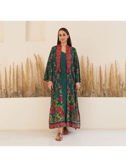 Rustorange - Emerald Green Spaghetti Dress With Long Floral Shrug (Set of 2)