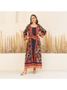 Rustorange - Black A-line Spaghetti Dress With Floral Shrug (Set of 2)