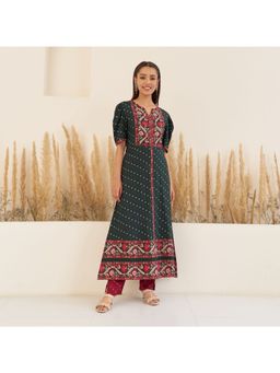 Rustorange - Emerald Green Bandhani Inspired Kurta Pant With Puff Sleeves (Set of 2)