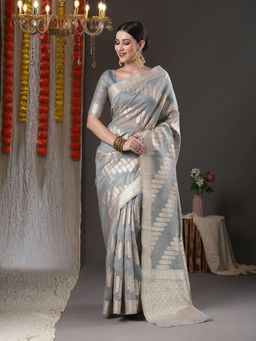 Akhilam - Womens Organza Grey Woven Design Designer Saree with Unstitched Blouse