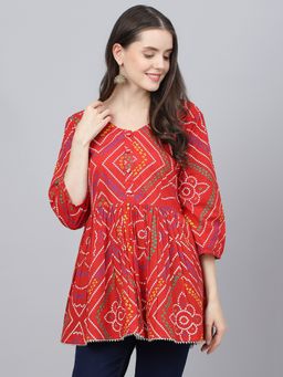 Divena - Red Bandhani Printed Cotton Peplum Top