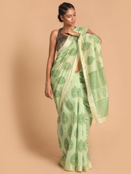 Indethnic - Green Floral Cotton Blend Saree with Unstitched Blouse