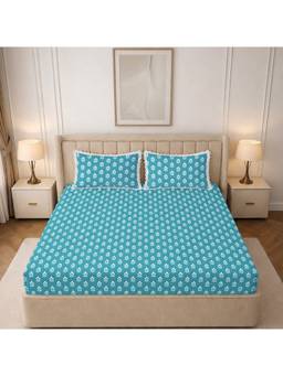 MORADO - Glace Cotton Flat Double Bedsheet with Pillow Cover, Aqua Floral