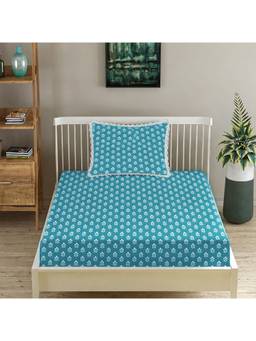 MORADO - Glace Cotton Fitted Single Bedsheet with Pillow Cover , Aqua Floral