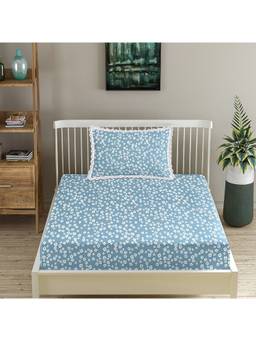 MORADO - Glace Cotton Fitted Single Bedsheet with Pillow Cover , Blue Floral