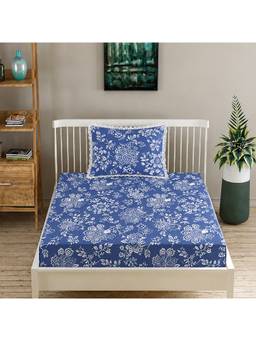 MORADO - Glace Cotton Fitted Single Bedsheet with Pillow Cover , Blue Heritage