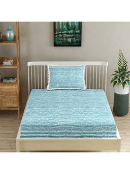 MORADO - Glace Cotton Fitted Single Bedsheet with Pillow Cover , Blue Map