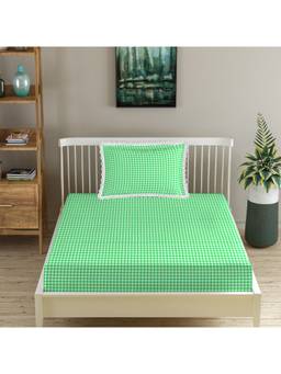 MORADO - Glace Cotton Fitted Single Bedsheet with Pillow Cover , White Green Check